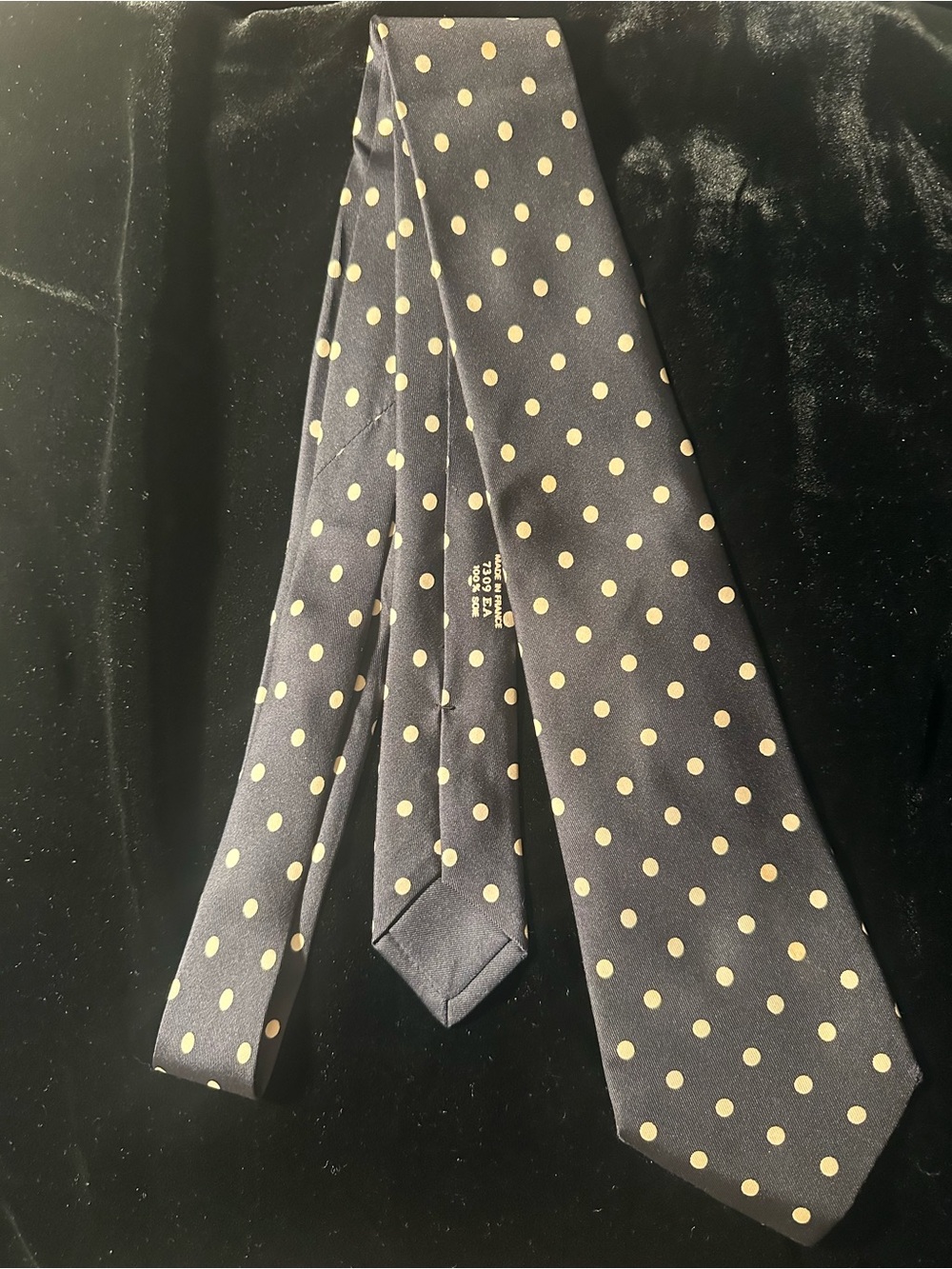 Hermes Navy Silk Tie with Yellow Polka Dots